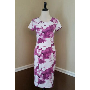 Purple & White Floral Stretch Knit Midi Modcloth Dress by DE Collection Size S